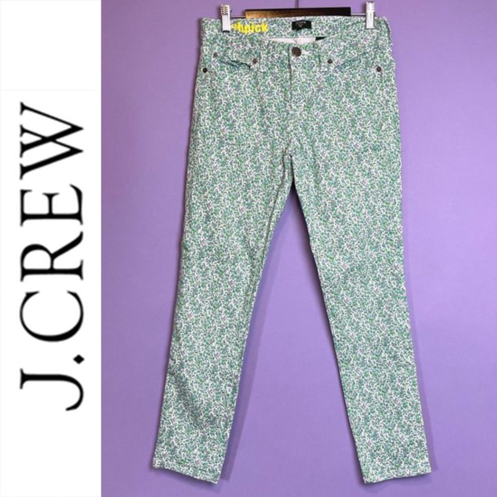 27 J CREW STRETCH GREEN FLORAL TOOTHPICK JEANS